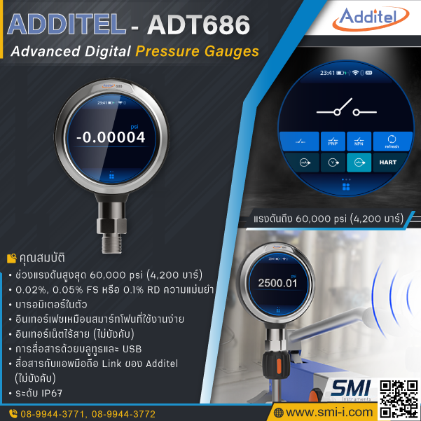 ADDITEL - ADT686 Advanced Digital Pressure Gauges, ranges up to 60,000 psi (4,200 bar) graphic information